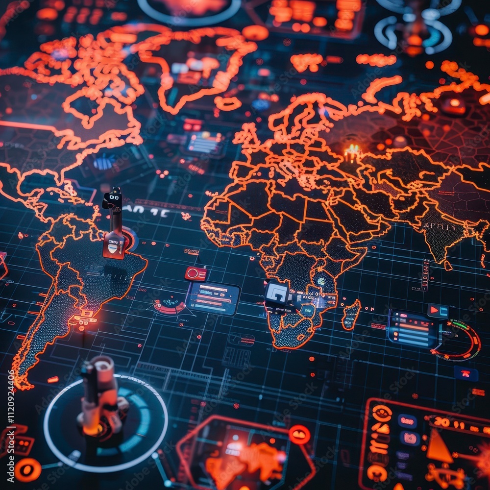 Poster global network digital world map futuristic technology interface orange glowing lines data