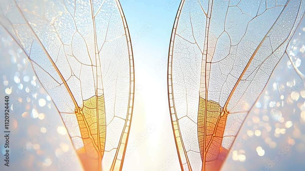 Poster close-up of delicate, translucent wings with intricate patterns against a bright background.