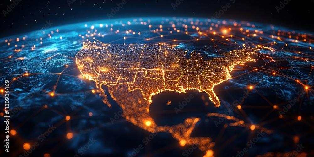 Poster digital map of north america network connectivity data transfer technology
