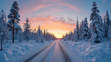 Stunning Panoramic View, Snow-Covered Finnish Road at Winter Sunset