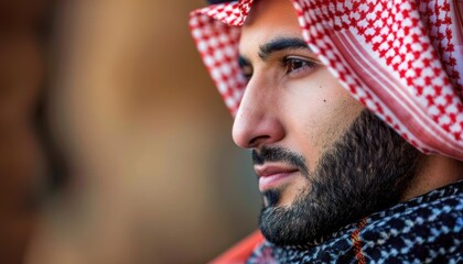 A close-up portrait of a man in traditional attire with a thoughtful expression.