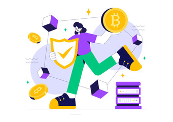 Blockchain Vector Illustration featuring a Tech Architect working at a Computer with Crypto Community Management, and Cube Blocks in the Background