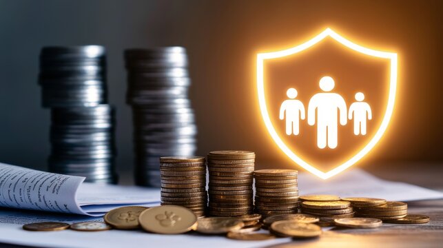 Law and insurance in car accident concept. Insurance for family protection concept. Insurance protection over financial growth with coins.