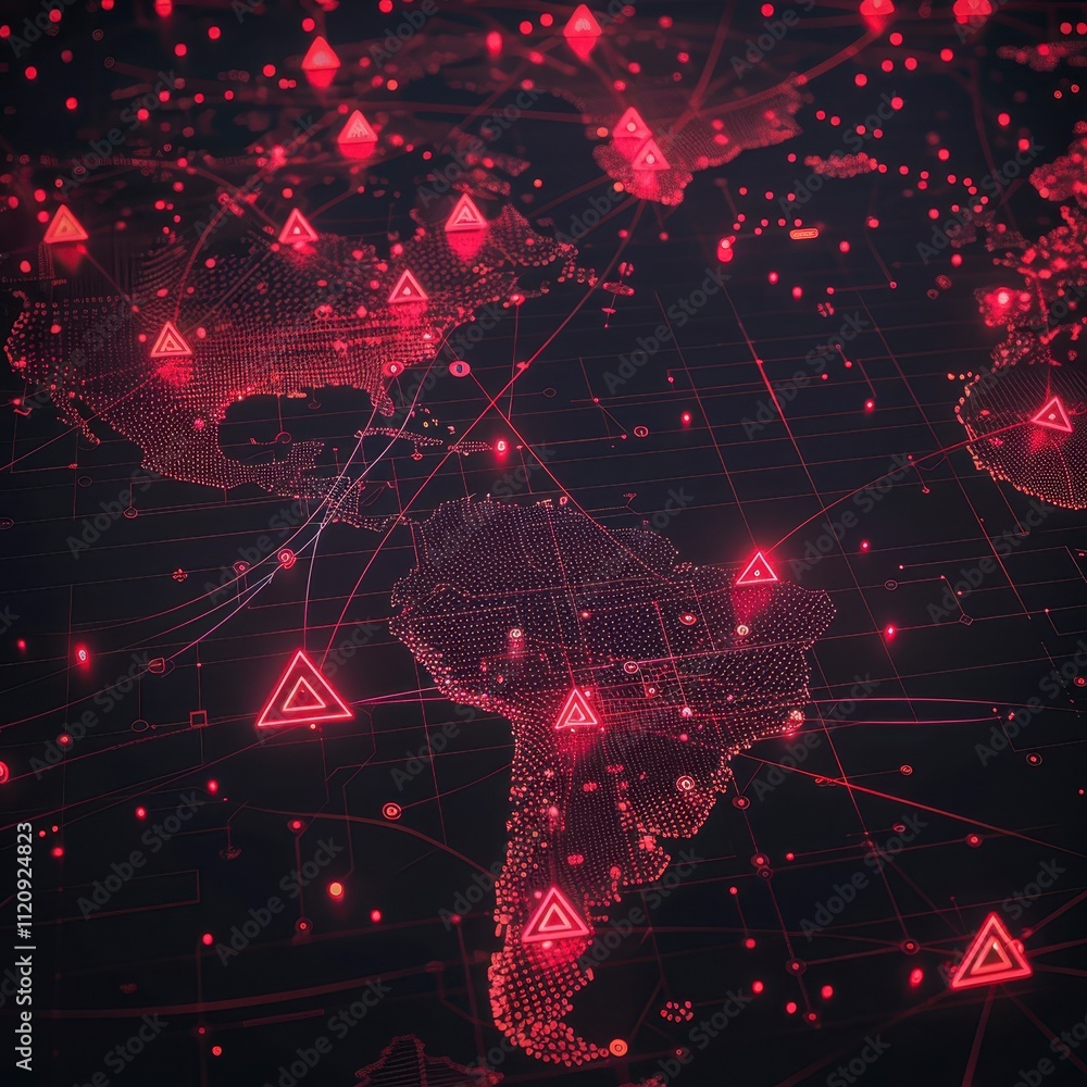 Poster global network security alert red warning map