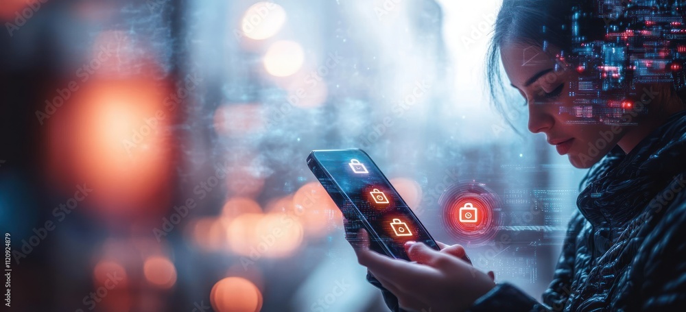 Poster futuristic cyber security and data protection with smartphone and neon lighting effects