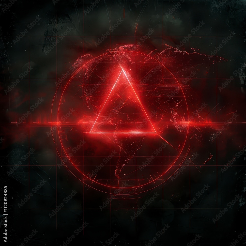 Poster global warning red triangle alert on world map background