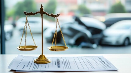 Law and insurance in car accident concept. Legal scales on documents with blurred cars in background.