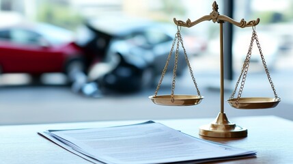 Law and insurance in car accident concept. Legal scales positioned near accident paperwork.