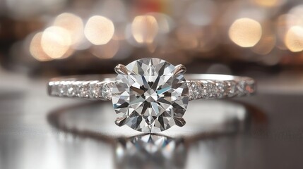 Fototapeta premium A perfectly cut round diamond held in a sleek platinum prong, surrounded by smaller diamonds, in a high-end jewelry shop, 