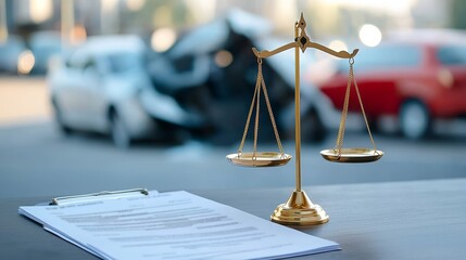 Law and insurance in car accident concept. Legal scales in focus with a car accident background.