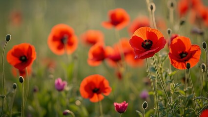 Vibrant Red Poppies in Full Bloom, Remembrance Day Hope - Lush Green Field, Close-Up
