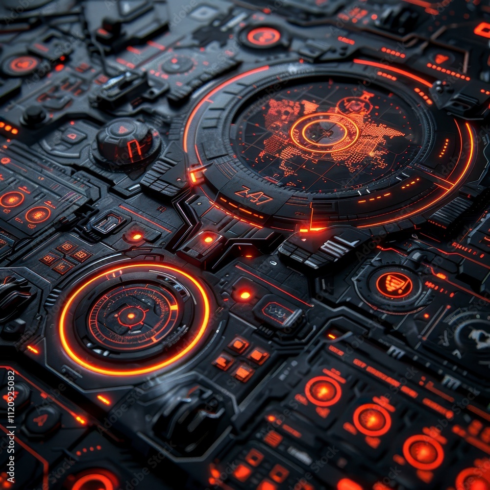 Poster Futuristic Tech Interface Global Network Control Panel HUD Display