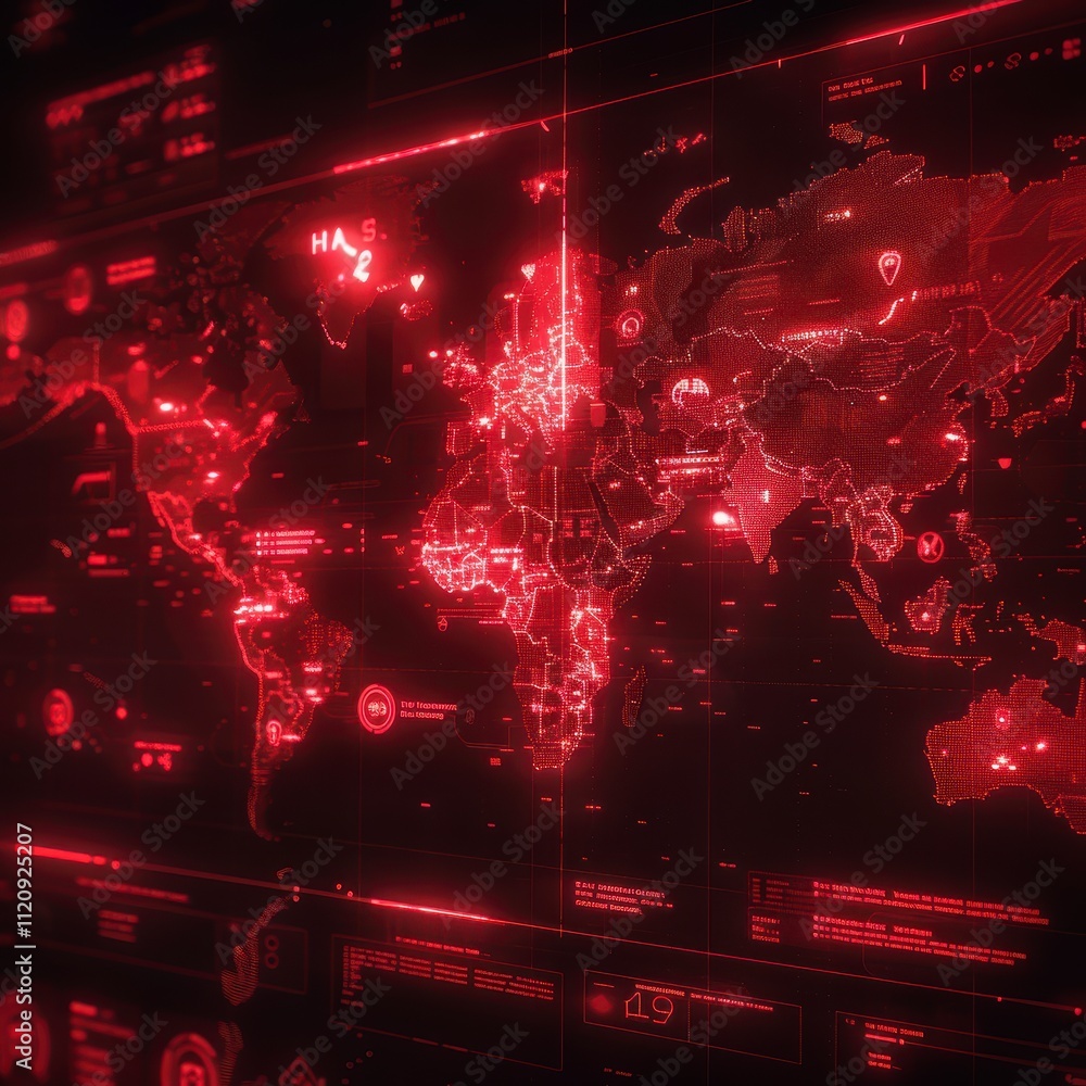 Poster global network red digital world map tech hud data visualization security system