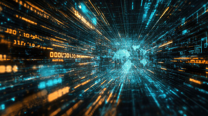 A digital world map with an overlay of binary code and dynamic lines connecting regions, representing global technology 