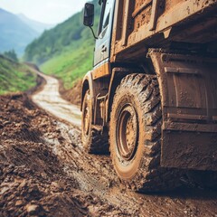 Obraz premium Truck valley road concept. Mud-covered truck on a rough, unpaved road.