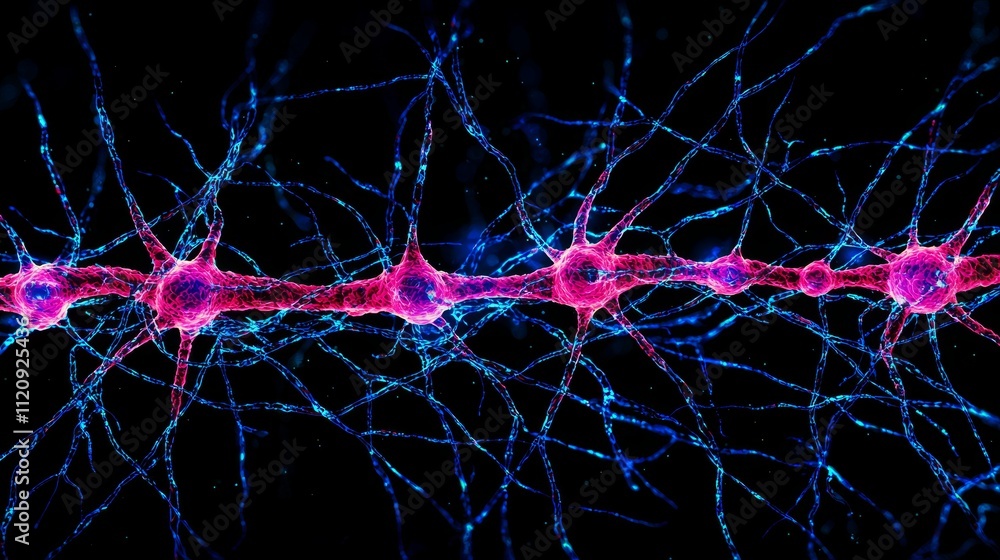 Poster neuron and brain in communication biology signal concept. neural network illustration with vibrant c