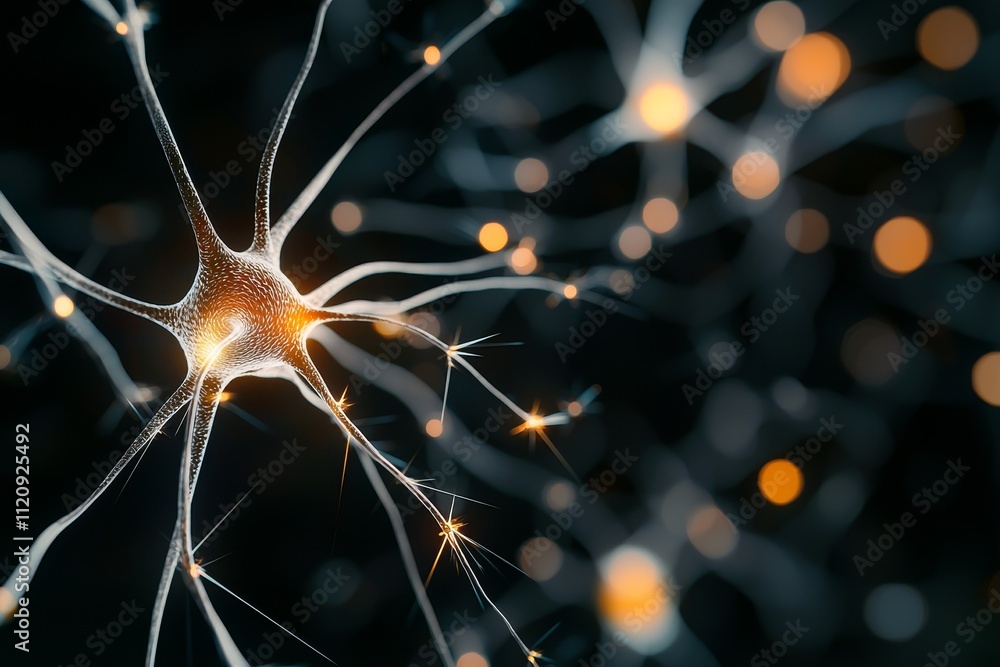 Poster neuron and brain in communication biology signal concept. neurons connected with glowing synapses on