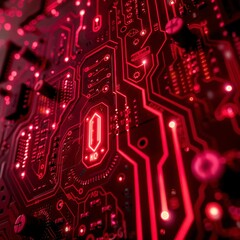 Red Illuminated Circuit Board Technology Electronics Network Data Innovation Closeup