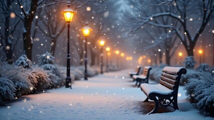 Serene Snowfall, Photorealistic Winter Park Scene with Snow-Covered Benches and Glowing Street Lamps