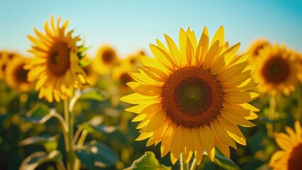 Obraz premium Vibrant Sunflowers Basking in Golden Sunlight, Close-Up Field of Happy Yellow Flowers