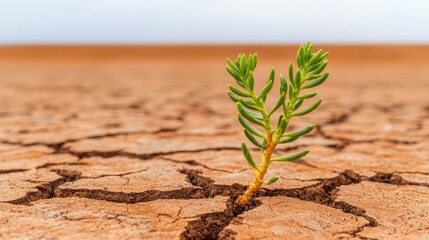 Portrait dome glass concept. Crack sprout growth life concept. Plant sprouting in cracked dry soil symbolizes resilience.