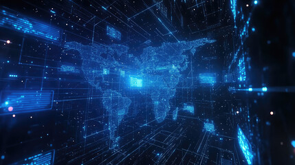 Obraz premium A glowing digital world map with a blue neon grid background, featuring connecting lines and data points representing global networks 