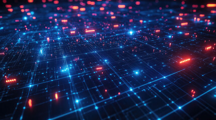 Obraz premium A glowing digital world map with a blue neon grid background, featuring connecting lines and data points representing global networks 