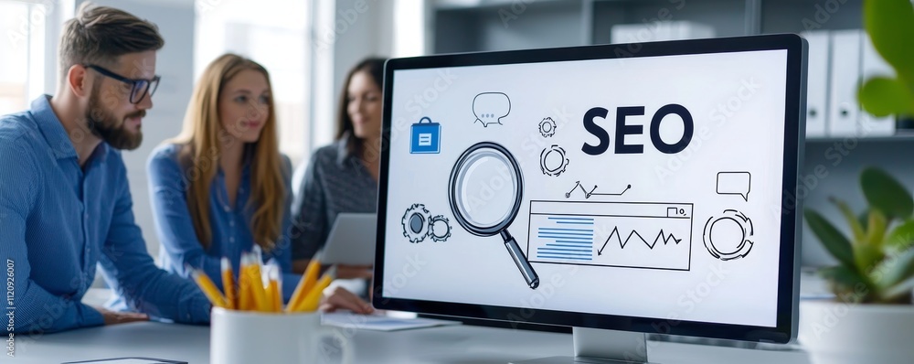 Poster digital marketing with search and seo concept. seo analysis meeting with a computer display.