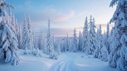 Obraz premium Panoramic Winter Wonderland, Snow-Covered Pine Forest in Lapland