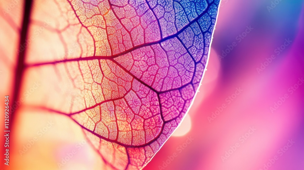 Poster a close-up of a colorful leaf showcasing intricate vein patterns and vibrant lighting.