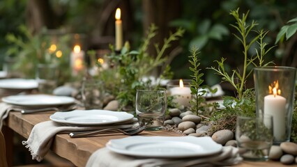 Rustic Eco-Friendly Dinner Table Setting, Sustainable Wooden Table with Candles, Greenery, and Natural Elements