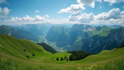 Fototapeta premium Stunning Panoramic View of French Alps, Lush Green Hills, Blue Sky, and Majestic Mountain Peaks