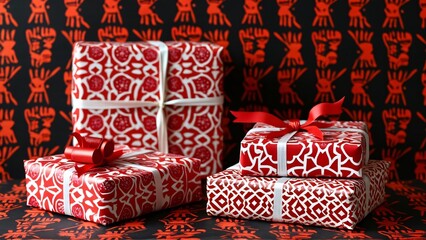 African Inspired Red & White Gift Wrap Product Photography, Festive Presents with Tribal Pattern Background