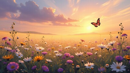 Enchanted Sunset Wildflower Meadow, Vibrant Blooms & Butterfly