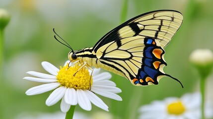 Fototapeta premium A vibrant butterfly perched on a daisy, showcasing nature's beauty and biodiversity.