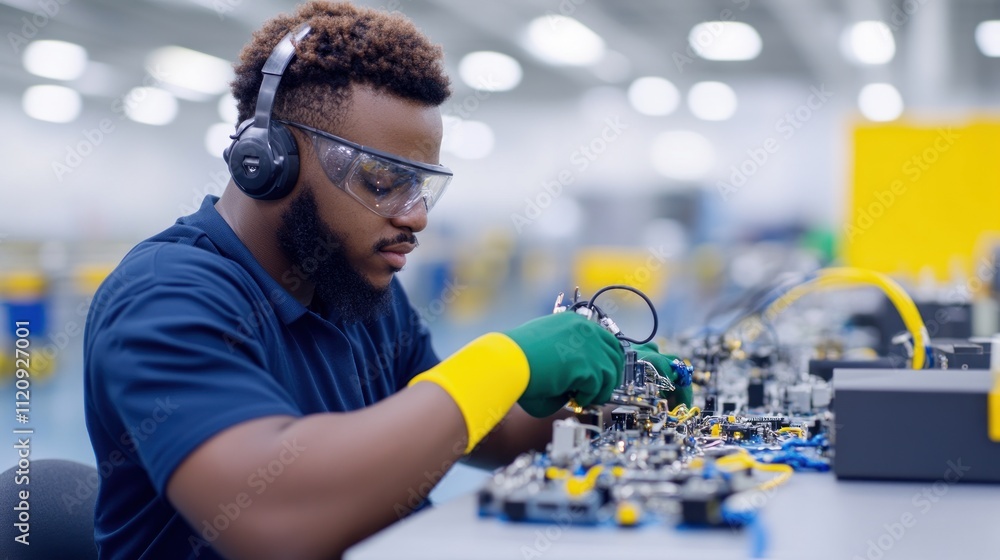 Aufkleber technician assembling electronic components in a workshop.