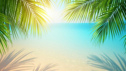 Stunning Summer Vacation Banner, Pastel Beach Scene with Palm Leaves and Turquoise Sea