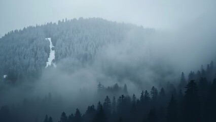 Misty Mountain Landscape, Foggy Forest, Snow-Covered Trees, Winter Wonderland Scene