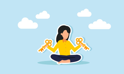A businesswoman meditates while holding keys in both hands, illustration of contemplating ways to find business solutions