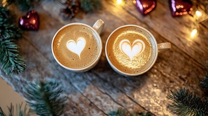 Two coffee cups with hearts on them sit on a wooden table