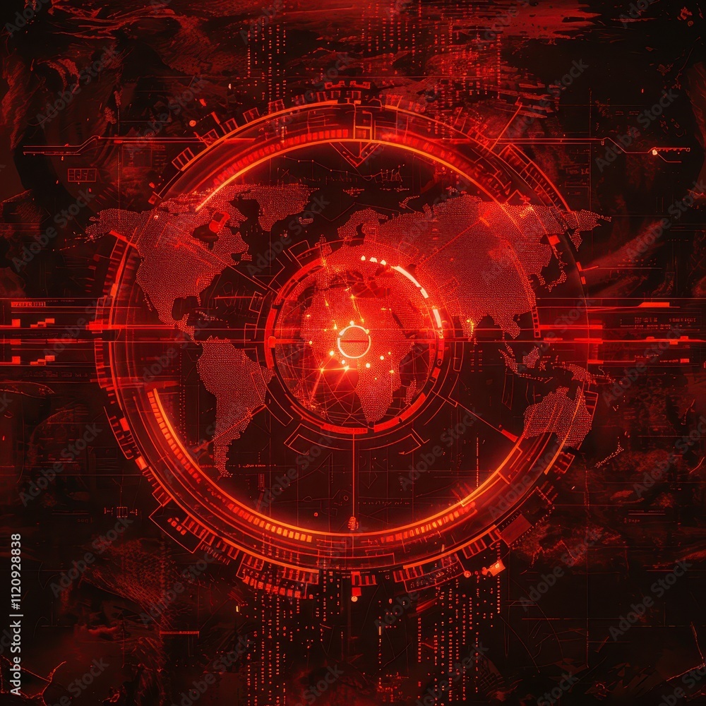 Poster global network security red digital world map hud interface