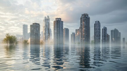 Obraz premium Rising tides illustrate climate change effects in a contemporary cityscape with buildings partially submerged, reflecting societal issues and environmental consciousness.