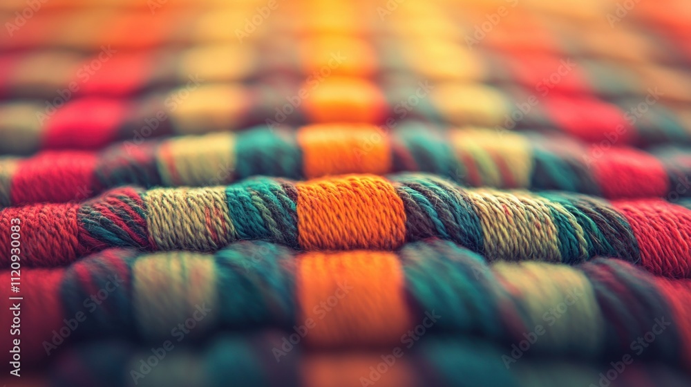 Poster a close-up of colorful woven fabric showcasing intricate patterns and textures.