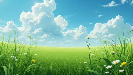 Obraz premium Serene Spring Meadow, Panoramic View of Endless Green Grassland with Wildflowers and Fluffy White Clouds