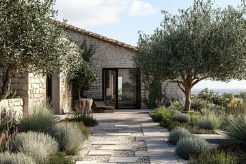 Villa with a Mediterranean-style courtyard and olive trees