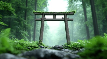 A serene torii gate in a lush, misty forest setting.