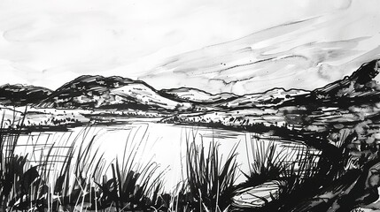 Ink Landscape Painting - a serene and traditional visual. The elegant brushstrokes capture the essence of natural beauty and timeless artistic expression