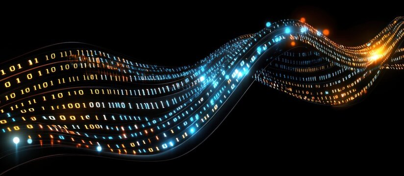 Glowing binary code numbers cascading through a high-tech dark digital landscape, with luminous lines and lights, conveying the concept of information flow 