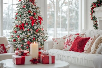 White living room with red and green Christmas tree, sofa, table, natural light from large windows, gift boxes, and candle on coffee table, festive space.