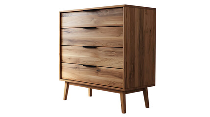 A wooden dresser with four drawers sits on a white background